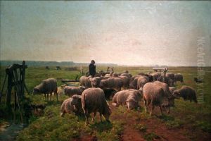 Landschap met herder en kudde schapen by Cornelius Van Leemputten