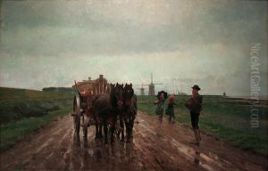 Trekpaarden met kar aan de Beneden-Schelde