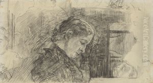 Vrouwenprofiel (Mariette Rousseau) en andere figuren by James Ensor