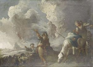 Shepherds And Their Flock Before An Open Landscape
