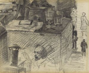 Hoek in het atelier met kachelvoet, kist en figuren