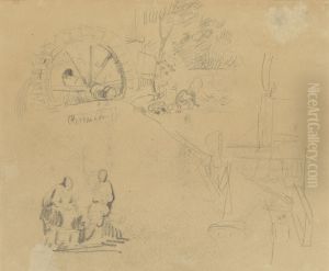 Landschapsfragment met waterrad en twee figuren (verso)