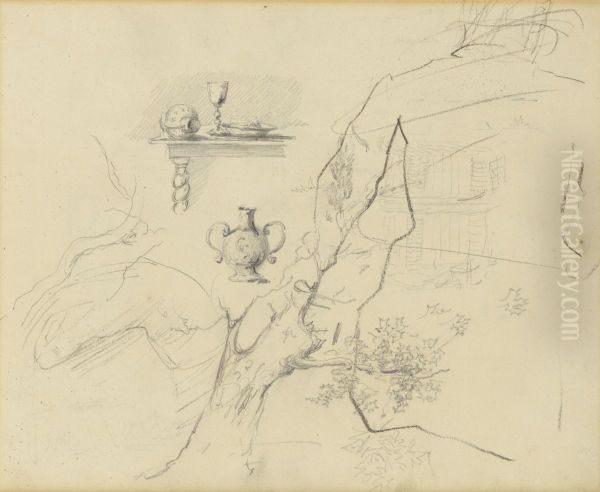 Fragment van een boom, stilleven op een barokke tafel, kruik en figuren (verso) - view 1
