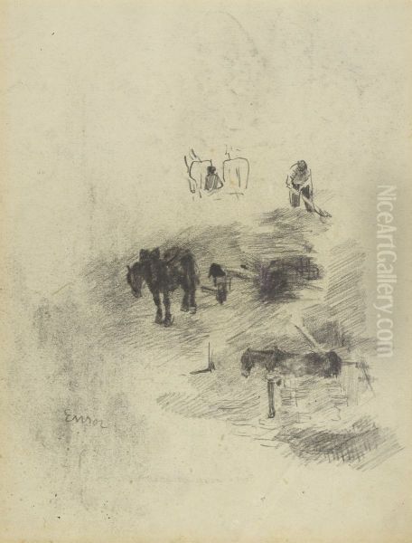 Paarden, kar en werkman - view 1