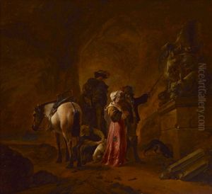Cave interior with travellers by Philips Wouwerman