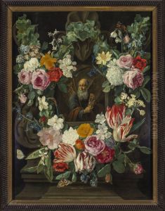 Allegory of Time in the wreath of flowers by Carstian Luyckx