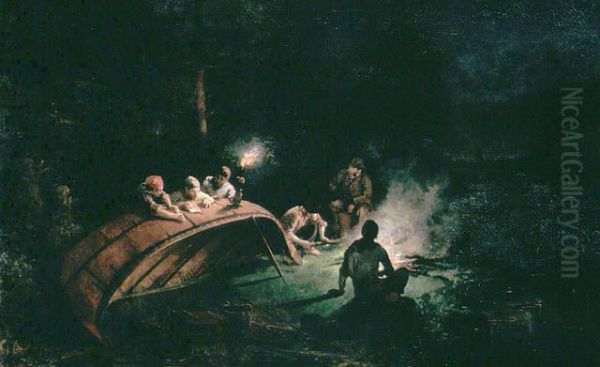 Canoe Party around Campfire - view 1
