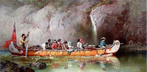 Canoe Manned by Voyageurs Passing a Waterfall (Canada). by Frances Anne Hopkins