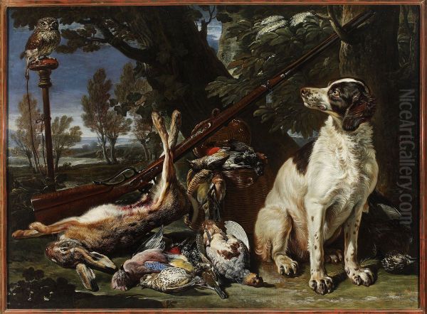 Dog, hunting trophies and an owl - view 1