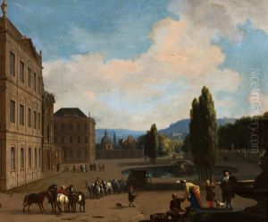 Palace courtyard with a fountains, a carriage and people
