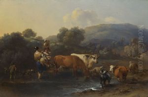 Peasants with Cattle fording a Stream Peasants with Cattle fording a Stream