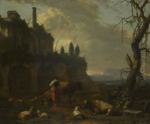 Peasants with Cattle by a Ruin by Abraham Begeyn