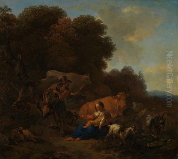 A Peasant playing a Hurdy-Gurdy to a Woman and Child - view 1