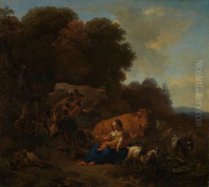 A Peasant playing a Hurdy-Gurdy to a Woman and Child by Nicolaes Pieterszoon Berchem