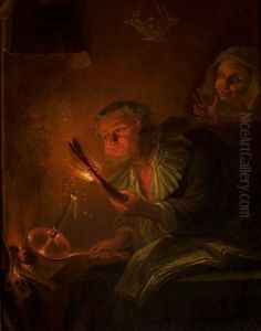 Alchemist in his workshop. by Godfried Schalcken