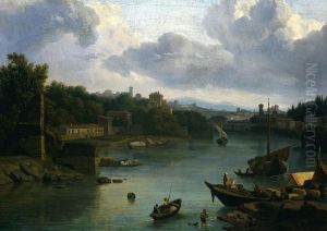 The Tiber with a view of Ripa Grande. by Isaac de Moucheron