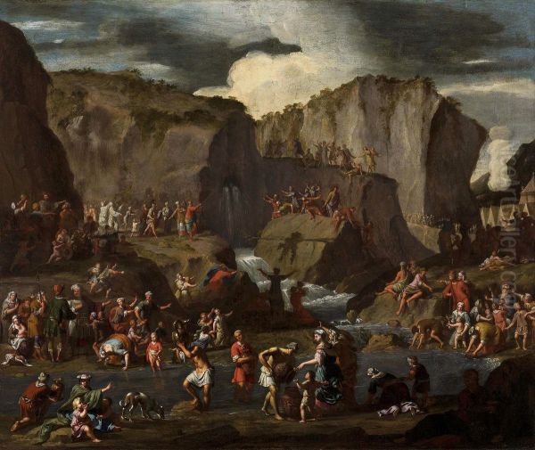 Moses strikes water from the stone. - view 1