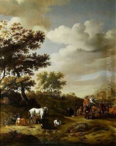 Landscape with travelers and cattle. by Abraham Begeyn