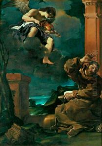 Saint Francis with an angel playing violin. by Giovanni Francesco Barbieri