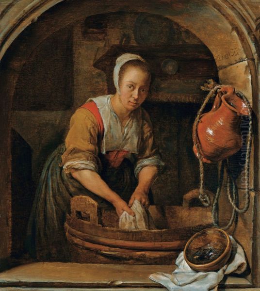 Woman washing textiles in a tub - view 1