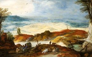 Dune landscape with travellers and cattle