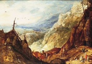 Mountain landscape with campers and a broken tree. by Joos de Momper the Younger