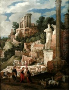 Landscape with classical ruins and the return of Tobias to his parents by Willem van Nieulandt II