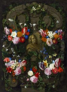 Sculpted cartouche adorned with flowers surrounding a relief with a portrait of Nicolas Poussin by Daniel Seghers