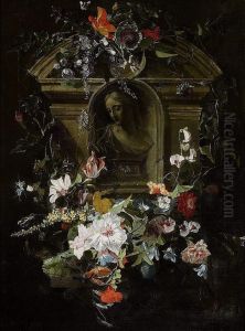 A bust portrait of a woman in a flower wreath.