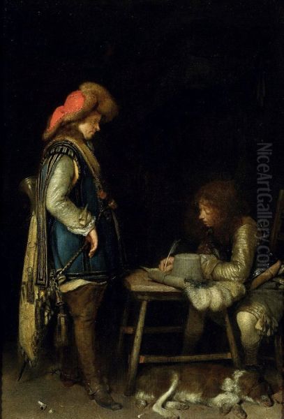 Officer writing a letter, with a messenger - view 1