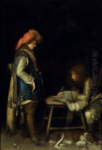 Officer writing a letter, with a messenger by Gerard Ter Borch