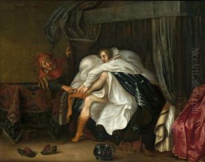 Woman and a jester. by Adriaen van de Venne