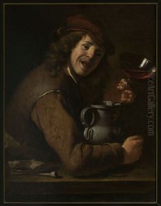 Boy drinking wine by Jan Vermeer van Utrecht