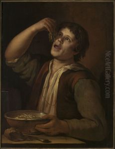 Boy eating pods by Jan Vermeer van Utrecht