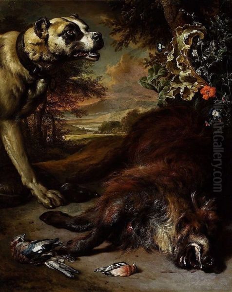 A dog over a dead boar. - view 1