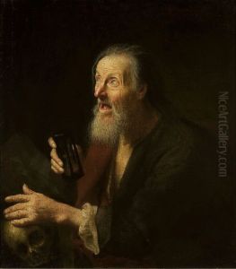 Old man with a sandglass and a skull