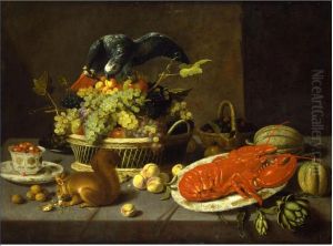 Still life with a squirrel and a parrot by Jacob van Es