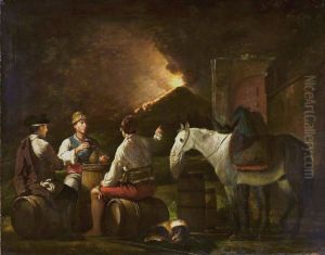 Three men drinking wine, in the background an eruption of Mount Vesuvius