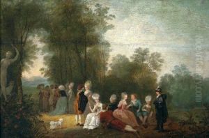 A sociable gathering in a park by the statue of Diana. by Jean-Pierre Norblin De La Gourdaine