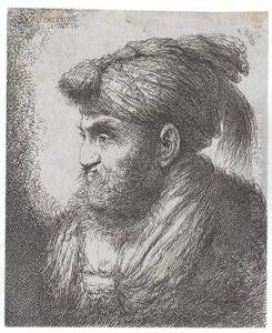 Portrat Eines Mannes Mit Bart Und Turban Im Profil Nach Links by Giovanni Benedetto Castiglione