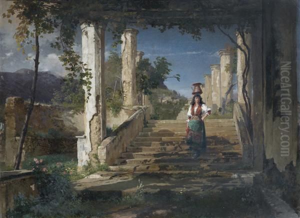 Paysanne Napolitaine Descendant L'escalier D'une Pergola - view 1