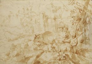 Bergers Et Troupeau Pinceau Et Lavis Brun Et Brun-orange by Giovanni Benedetto Castiglione