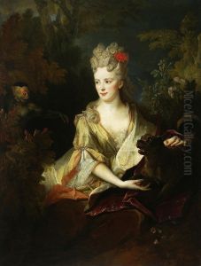 Portrait of a lady with a dog and a monkey by Nicolas de Largilliere