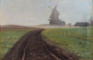 Taget landskab med Mogenstrup MolleellerTage. Mark landskab med opblodt vej i forgrunden by Laurits Andersen Ring