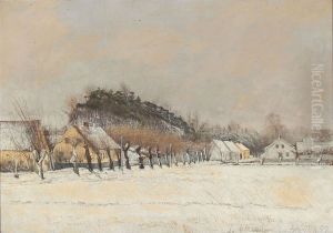 Road from Frederiksvaerk to Torup. Snow landscape with old yellow houses by Laurits Andersen Ring