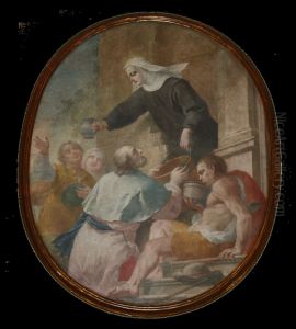 Giuliana distributes water to thirsty pilgrims by Biagio Bellotti
