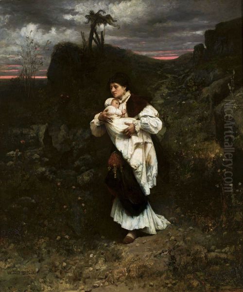 Fleeing woman with a child on her arm - view 1