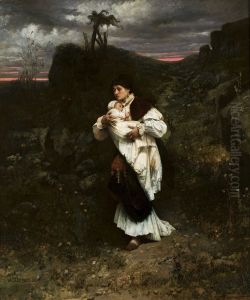 Fleeing woman with a child on her arm by Vaclav Brozik