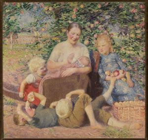 A woman with children under an apple tree by Hans Olde