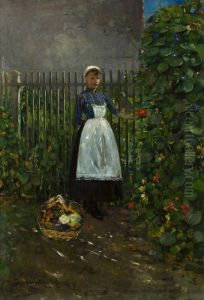 Girl with a basket of vegetables in the garden by Olga Boznanska